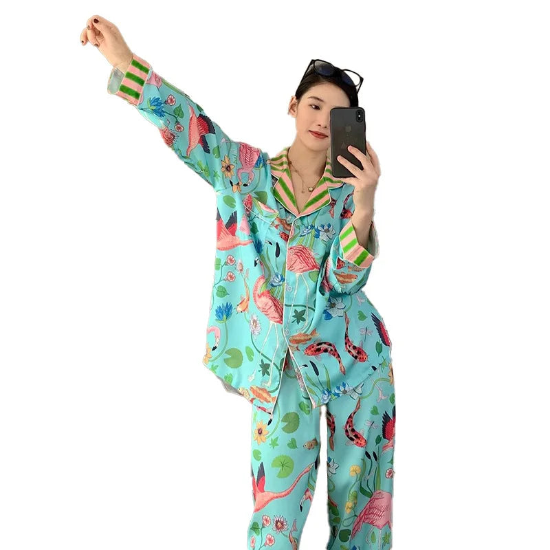 Silky Mermaid Print Long Pajama Set