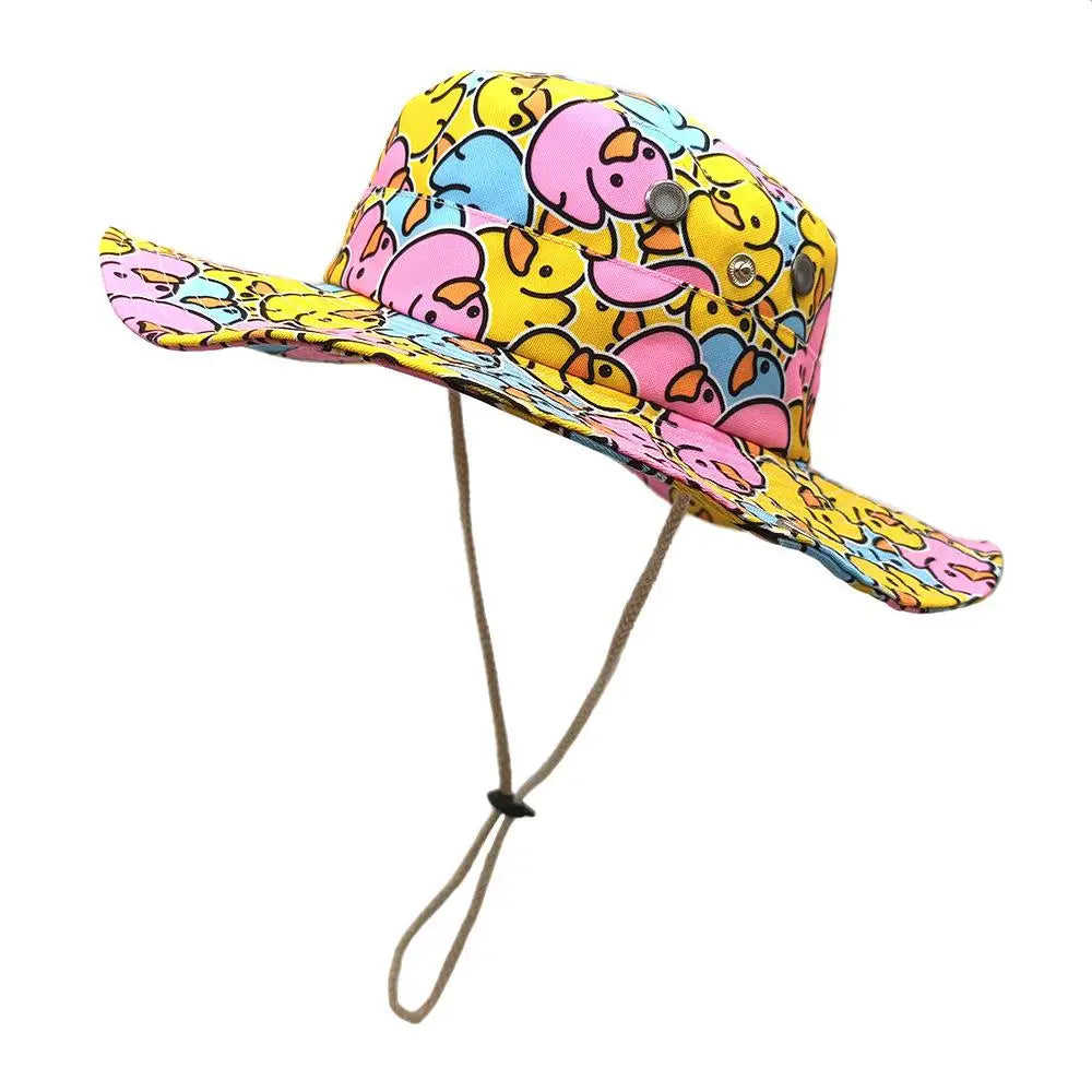Cute Yellow Duck Cartoon Bucket Hat for Men Women - Summer UV Protection Fishing Cap with Adjustable Chin Strap, Retro 80s 90s S