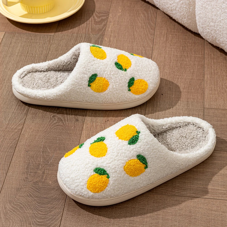 Lemon Embroidered Fuzzy Slippers
