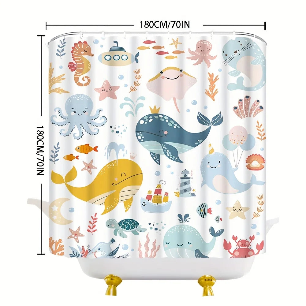 Underwater Shower Curtain 180x180cm – Playful Ocean Animals for Kids Bathroom, Whimsical Aquatic Decor, 12 Hooks