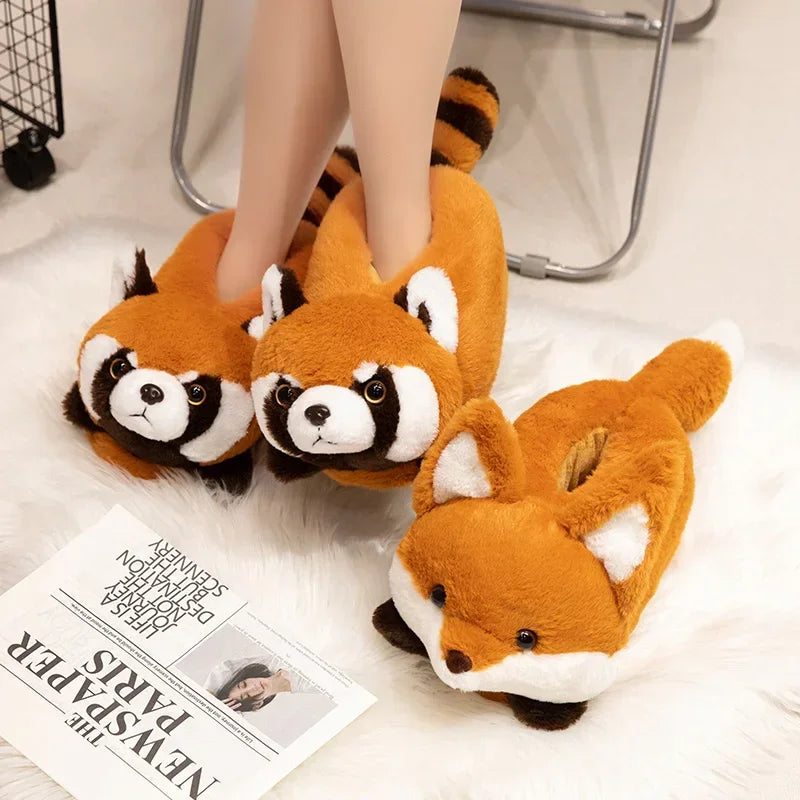 3D Red Panda & Fox Plush Slippers — Cozy Warm Indoor House Shoes