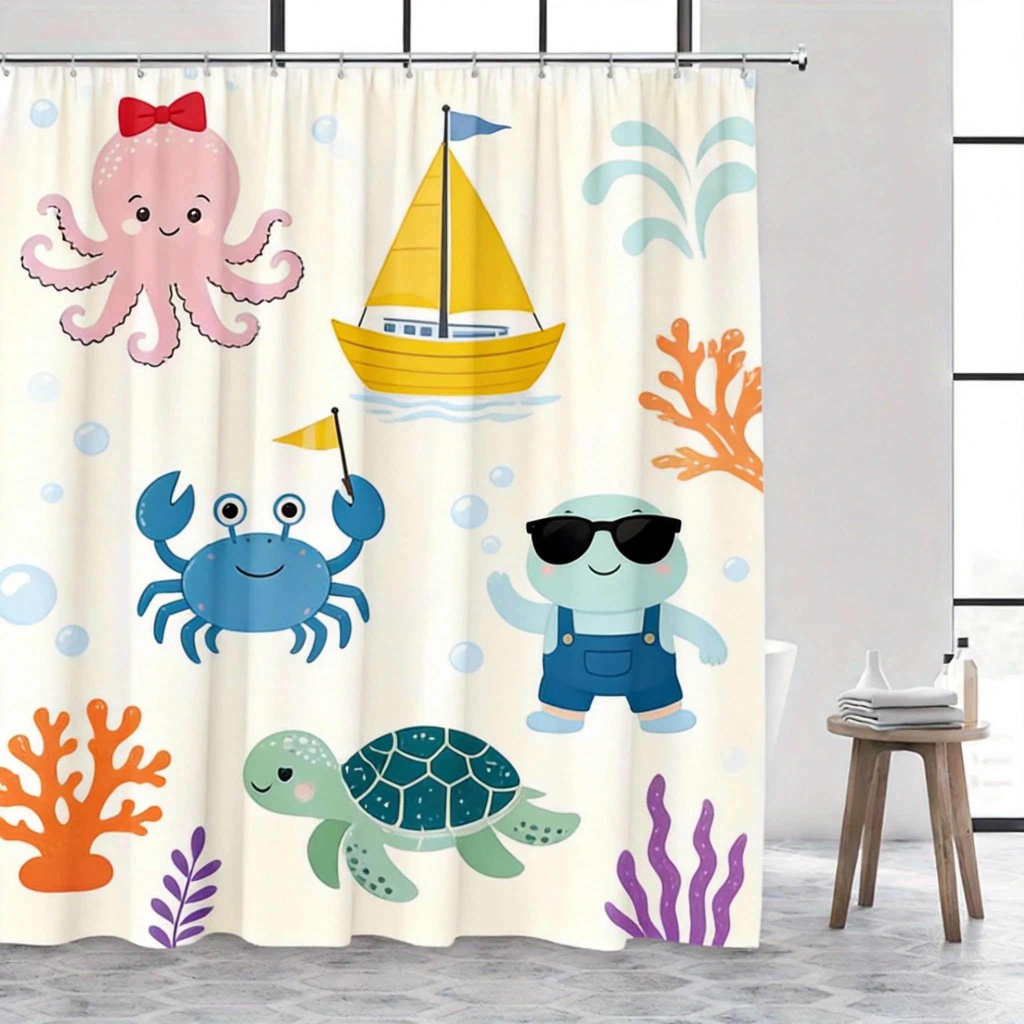 Underwater Shower Curtain 180x180cm – Playful Ocean Animals for Kids Bathroom, Whimsical Aquatic Decor, 12 Hooks