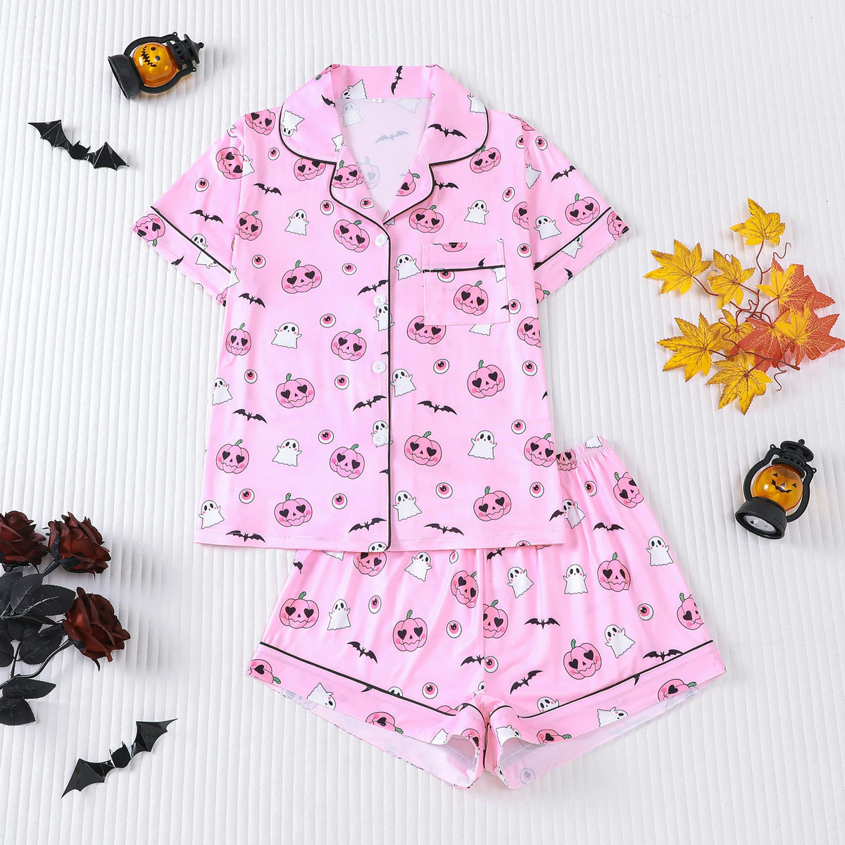 Halloween Ghost & Pumpkin Women's Pajama Set — Short Sleeve Top & Shorts