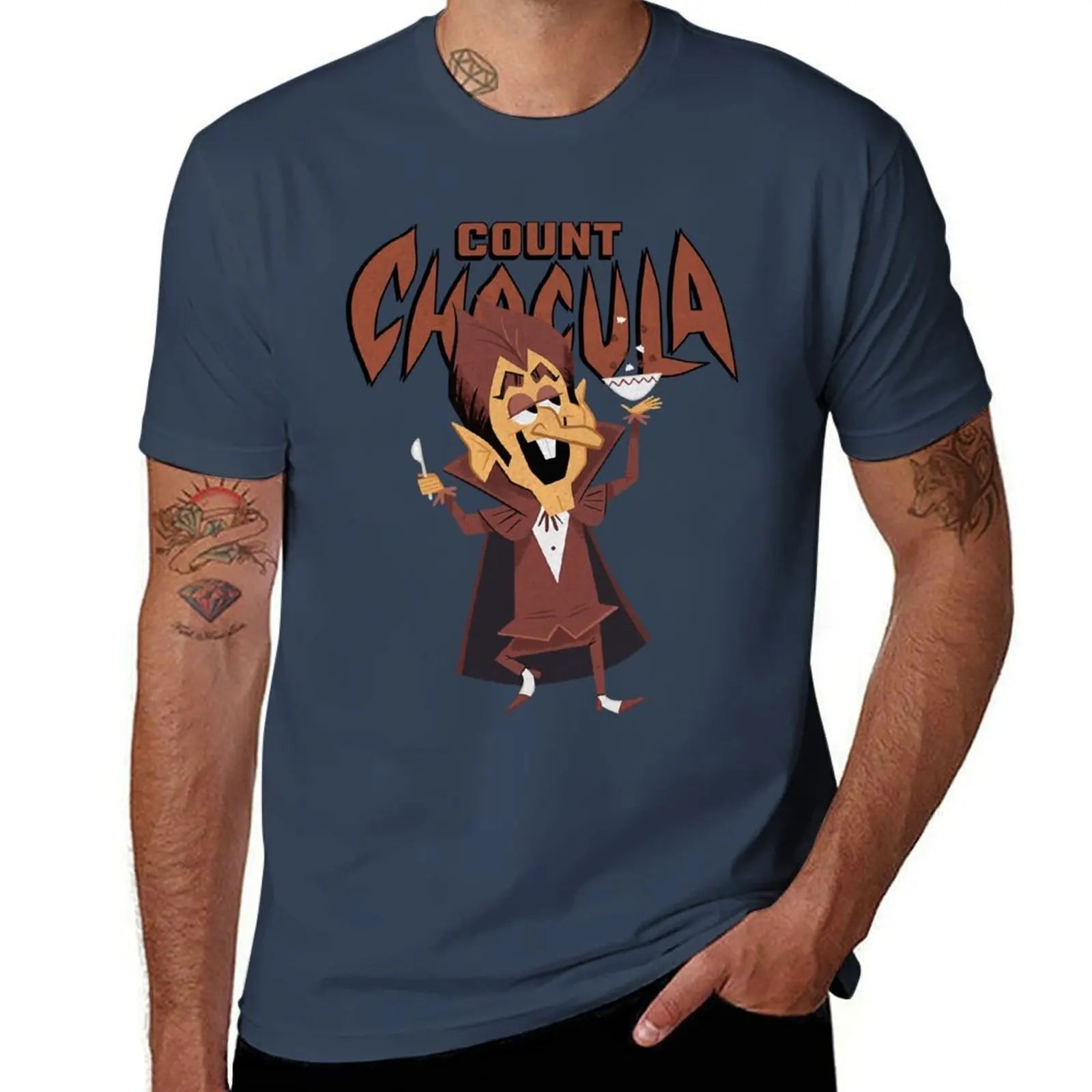 Classic 70s Count Chocula Monster Cereal Mascot and Logotype Sticker T-Shirt Classic Crew Neck Cotton T-Shirt