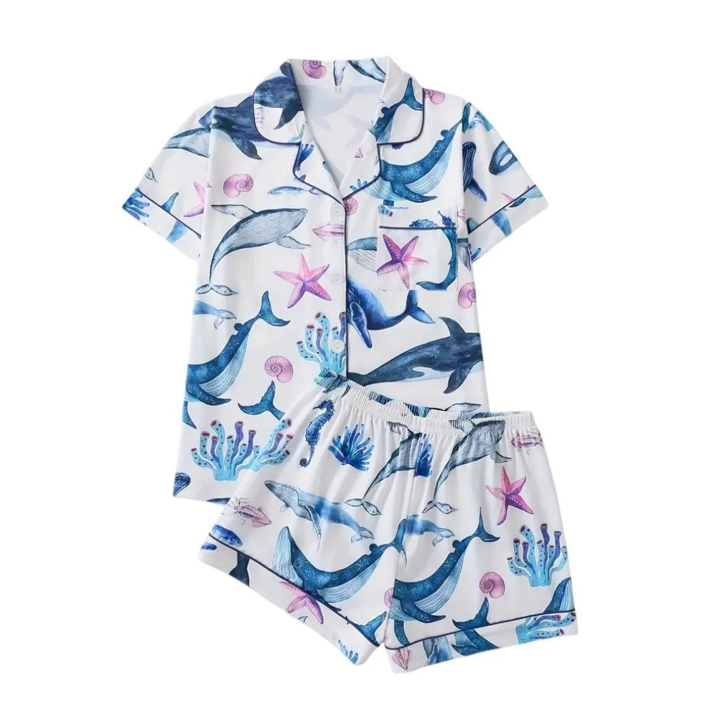 Ocean Themed Pajamas Blue with Whale Starfish Print Lapel Short Sleeve Shorts Loungewear Pants Home Wear Set Gifts for Women
