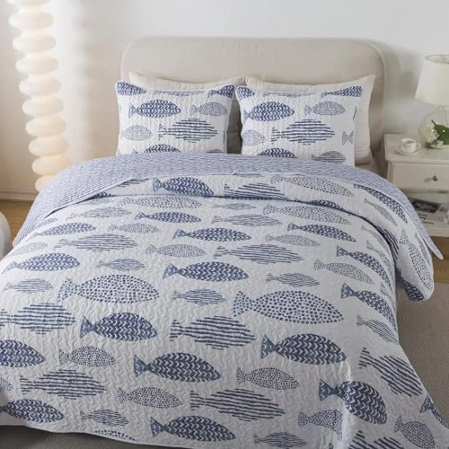 3-Piece Quilt Set - Size with 2 Shams, Blue and White Ocean-Inspired Bedding Set, Nautical Fish Design, Lake Themed Coastal Qui