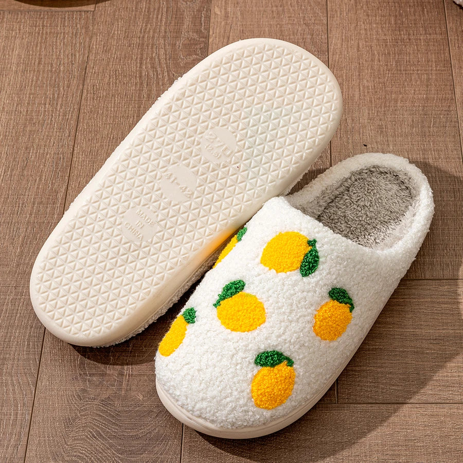 Lemon Embroidered Fuzzy Slippers
