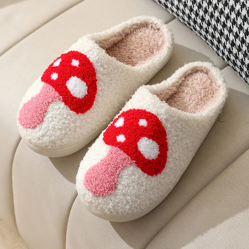 Rainbow & Mushroom Plush Women's Slippers — Cozy Furry Indoor House Shoes