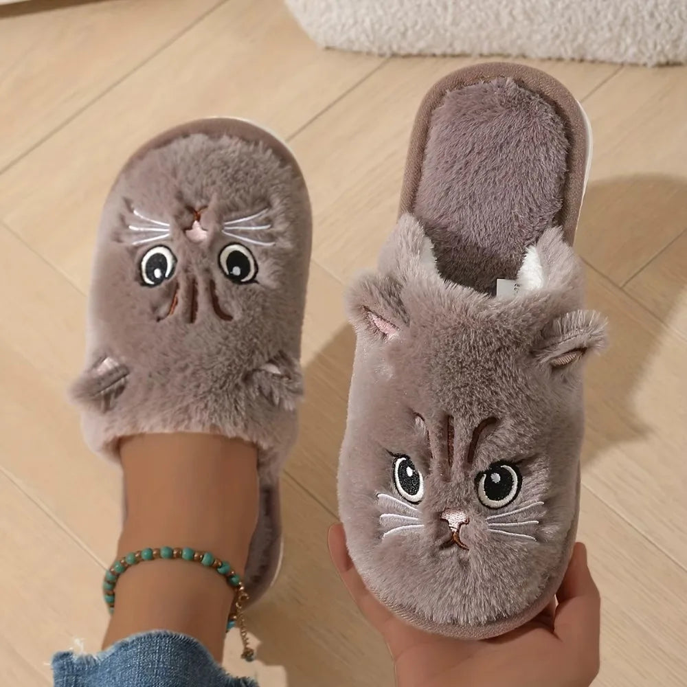 Cute Plush Cat Slippers Winter Warm Cozy Indoor House Shoes Soft EVA Sole Non-Slip Design