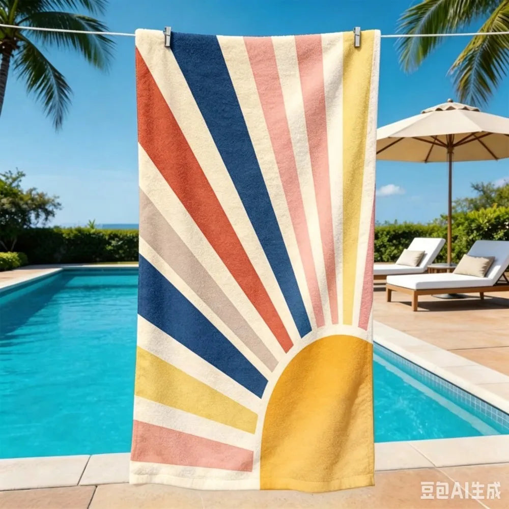 Oversized Retro Sunburst Beach Towel Multicolor Sun Design Microfiber Towel for Summer Vacation and Pool Days