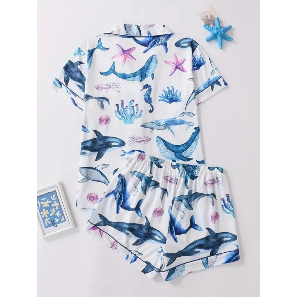Ocean Themed Pajamas Blue with Whale Starfish Print Lapel Short Sleeve Shorts Loungewear Pants Home Wear Set Gifts for Women