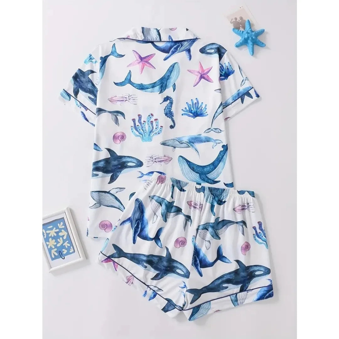 Ocean Themed Pajamas Blue with Whale Starfish Print Lapel Short Sleeve Shorts Loungewear Pants Home Wear Set Gifts for Women