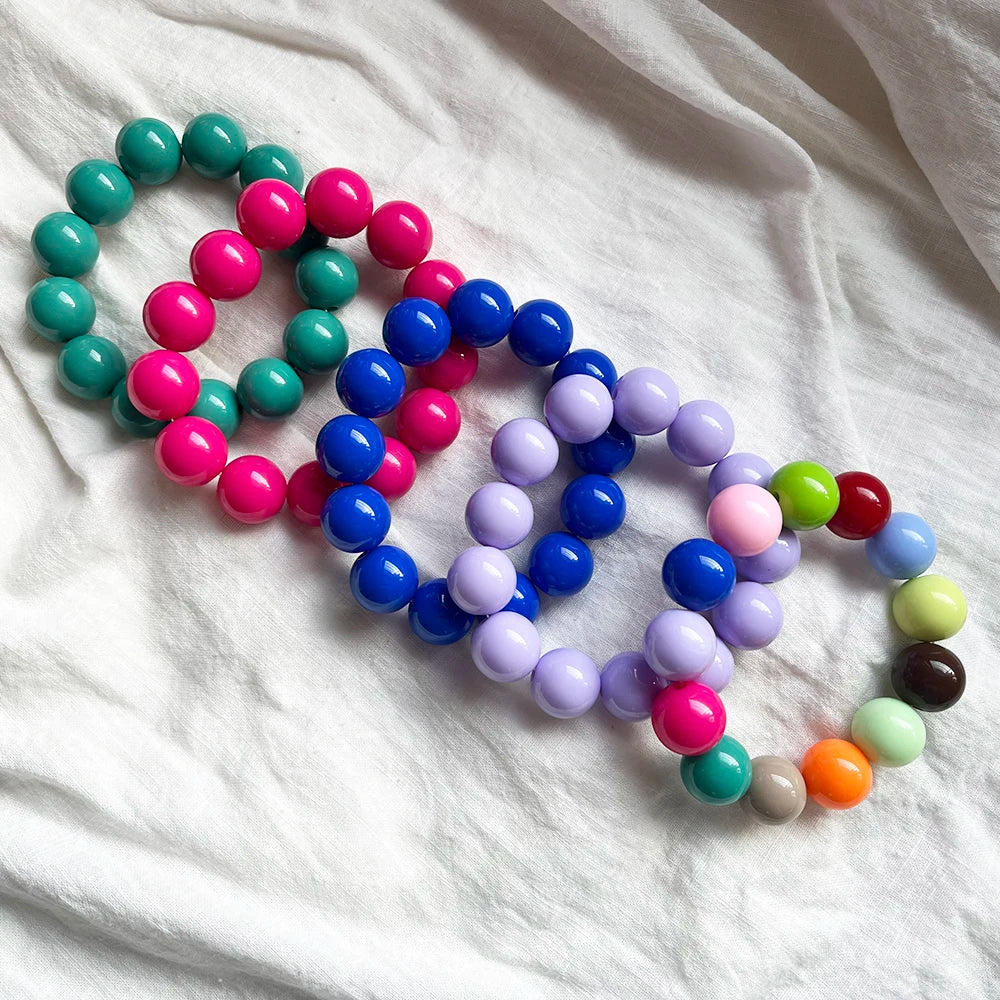 Cute Sweet Colorful Acrylic Big Bead Chunky Bracelet Fluorescent Hand Beaded Simple Stacking Bangles Jewelry Accessories