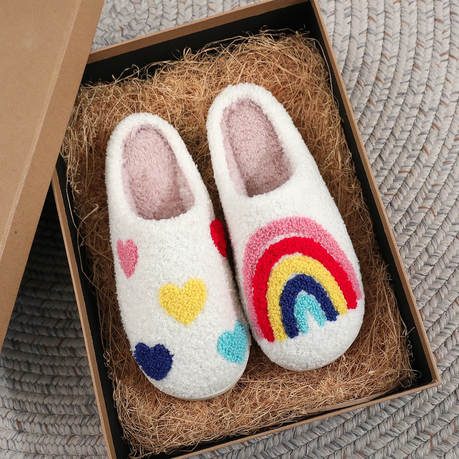 Women's Rainbow Heart Embroidered Plush Slippers — Soft Furry Indoor House Shoes