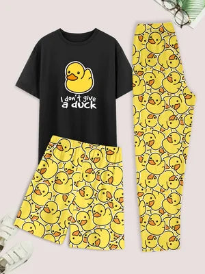 Men's casual pajama set of 3 pieces, duck-print short-sleeved T-shirt, shorts, and pants, comfortable summer clothing
