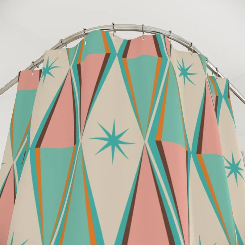 Mid Century Modern Retro Geometric Shower Curtain Vintage 50s MCM Green Pink and Cream Quirky Bath Decor Colorful Shower Curtain