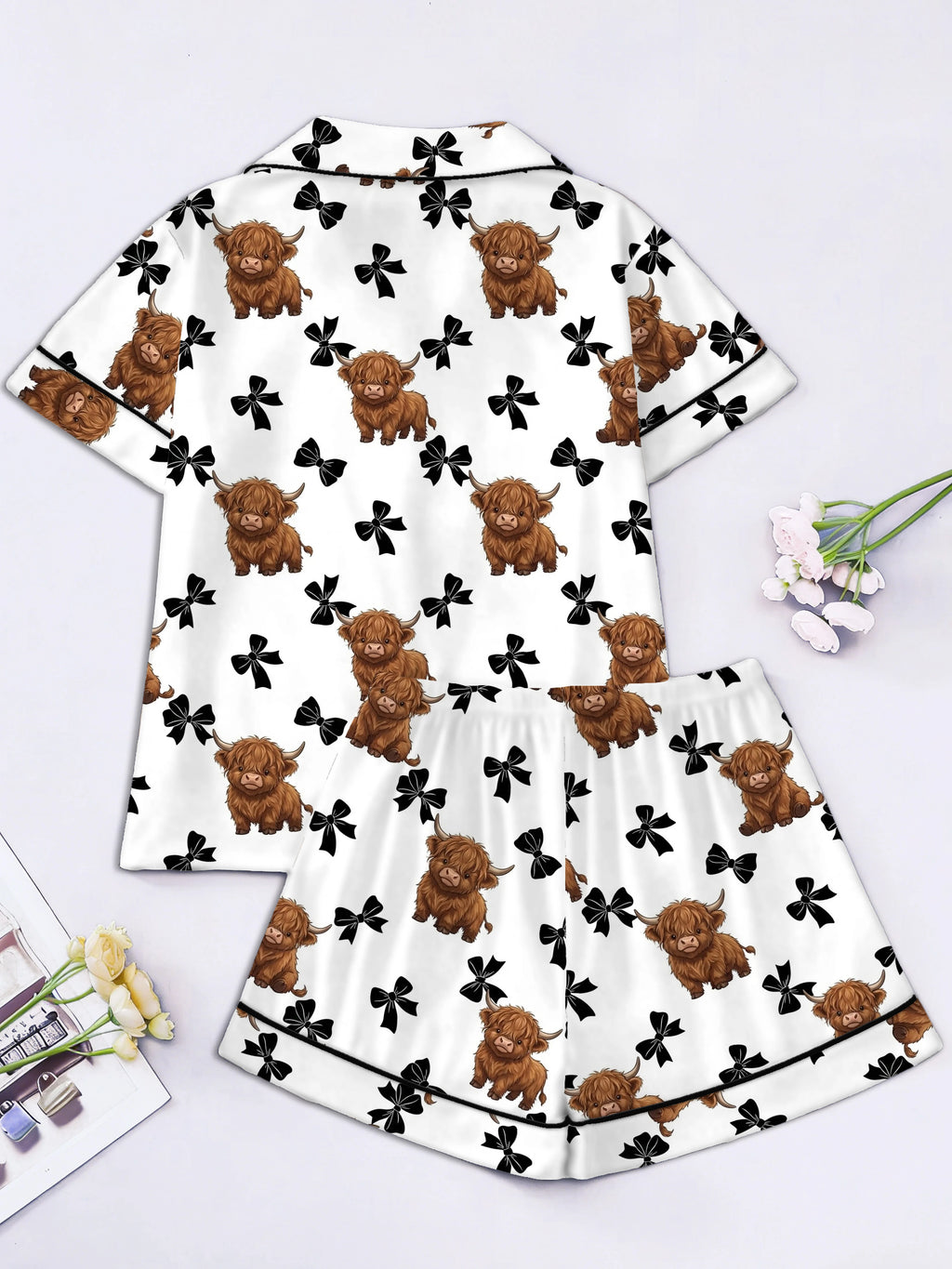Highland Cow & Black Bow Women's Pajama Set — Short Sleeve Top & Shorts