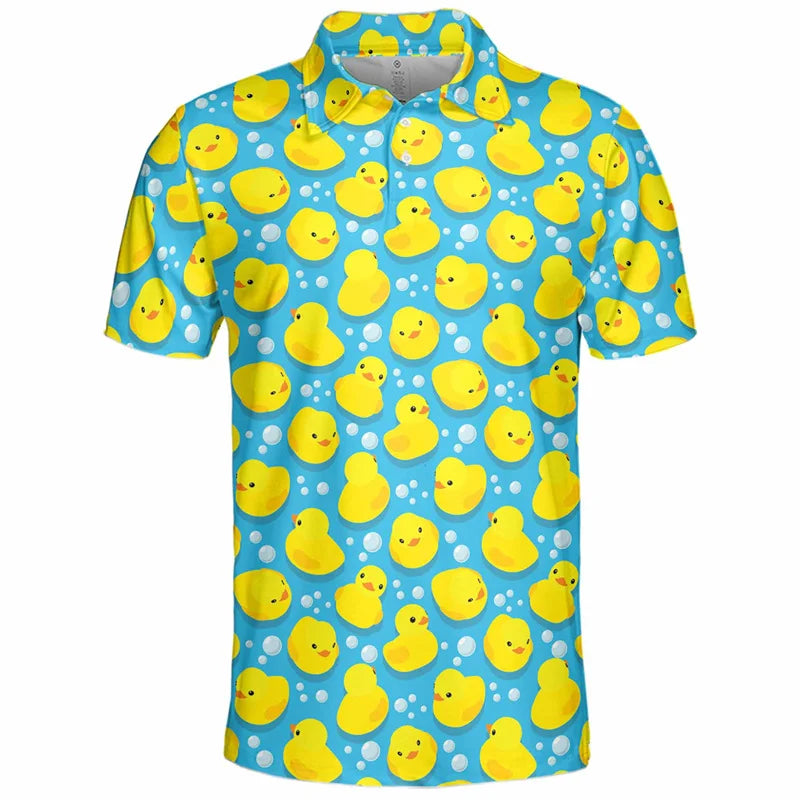 2025 New 3d Printed Yellow Duck Golf Polo Shirt Men Summer Cartoon Graphic Tennis Shirt Street Short Sleeve Tops Button Tees