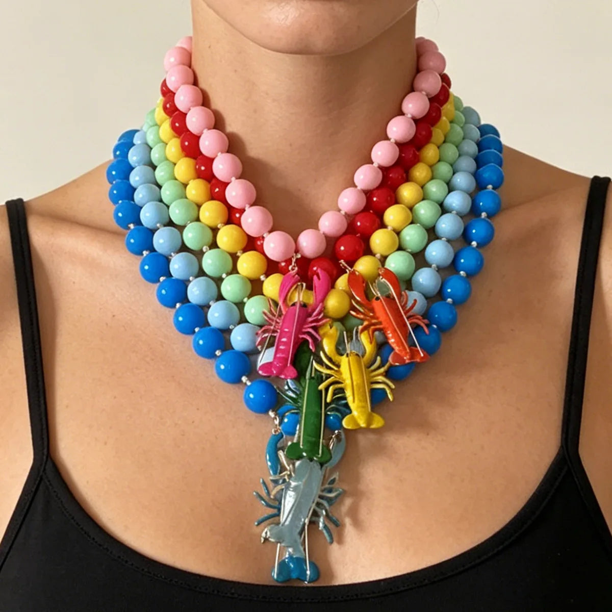 Colorful Round Bead Alloy Lobster Pendant Necklace Vacation Style for Women