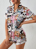 Cute Cartoon Print Satin Pajama Set