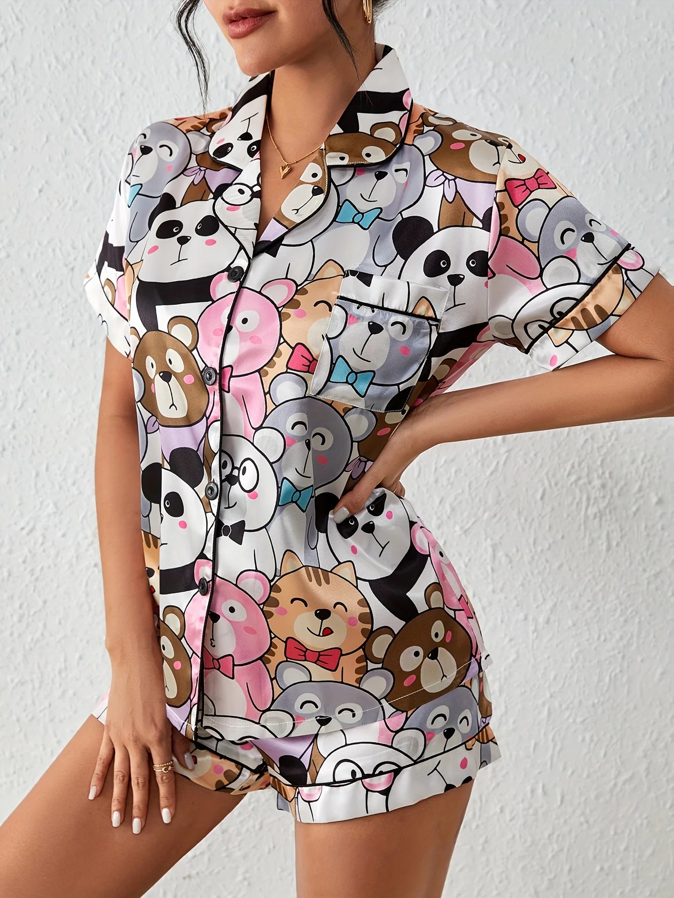 Cute Cartoon Print Satin Pajama Set