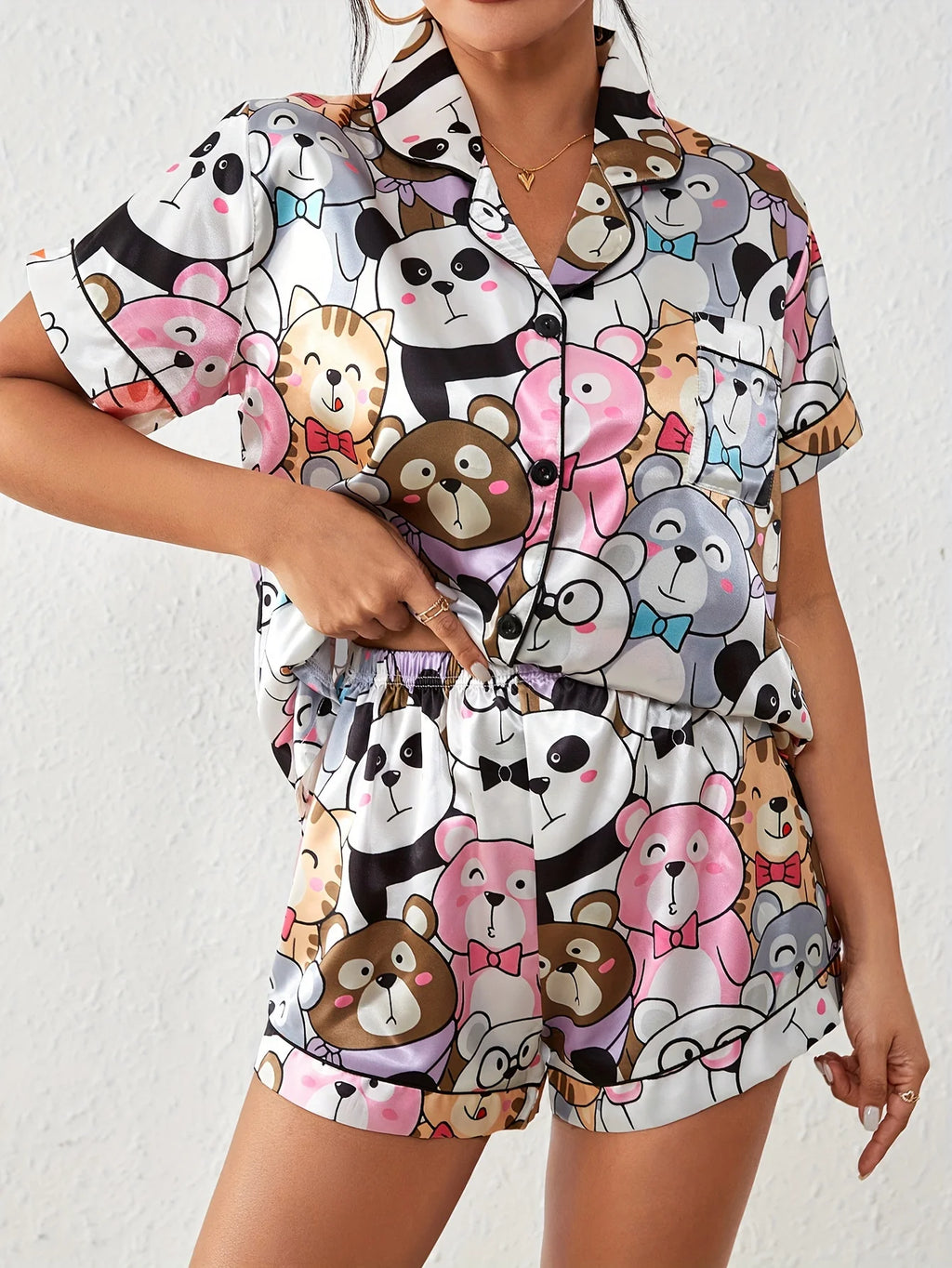Cute Cartoon Print Satin Pajama Set