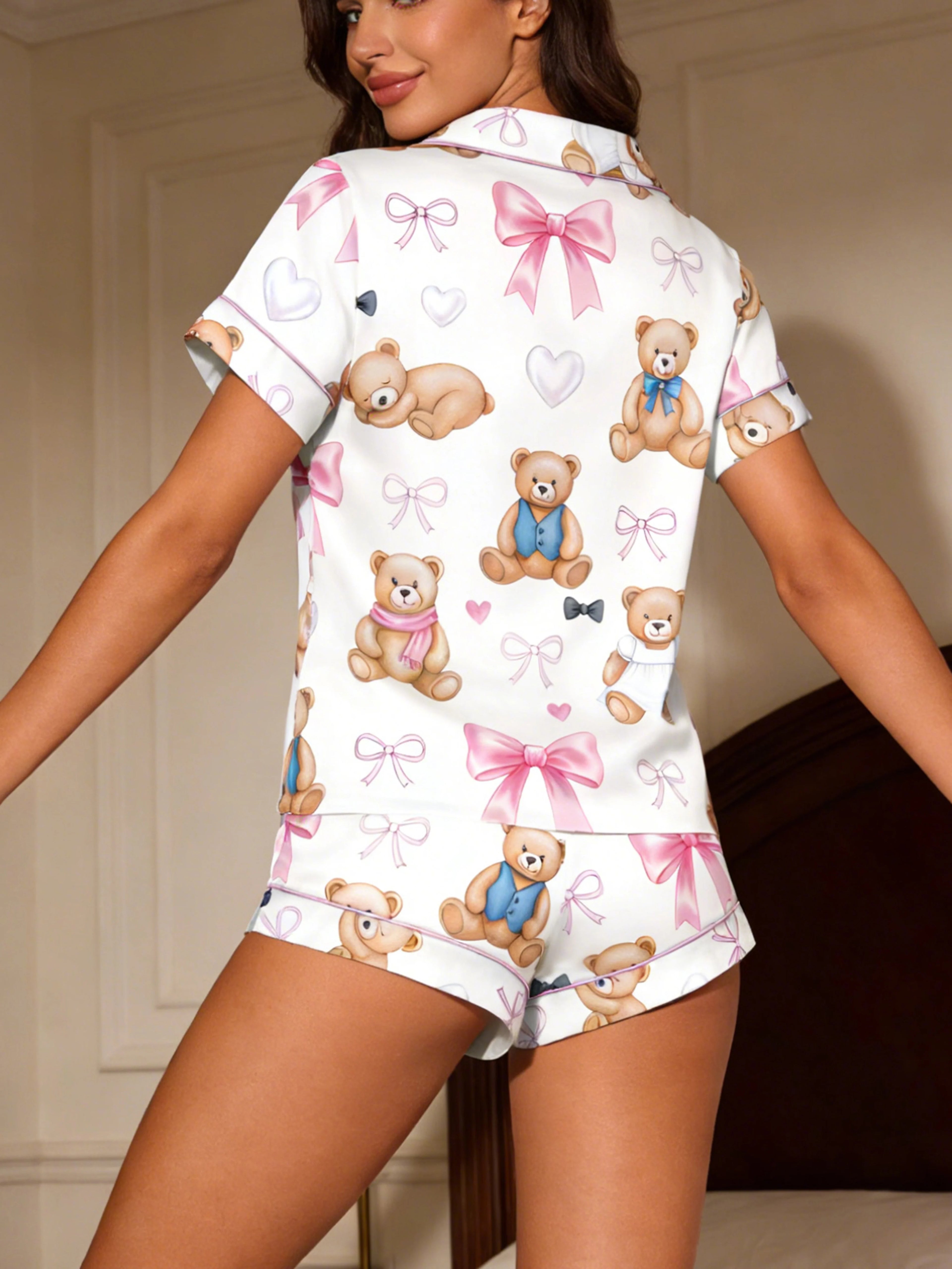 Teddy Bear & Pink Bow Women's Pajama Set — Short Sleeve Top & Shorts