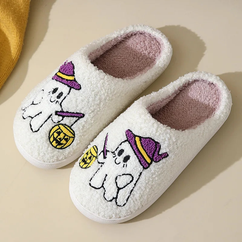 Halloween Ghost Witch Plush Slippers — Cozy Embroidered Indoor House Shoes