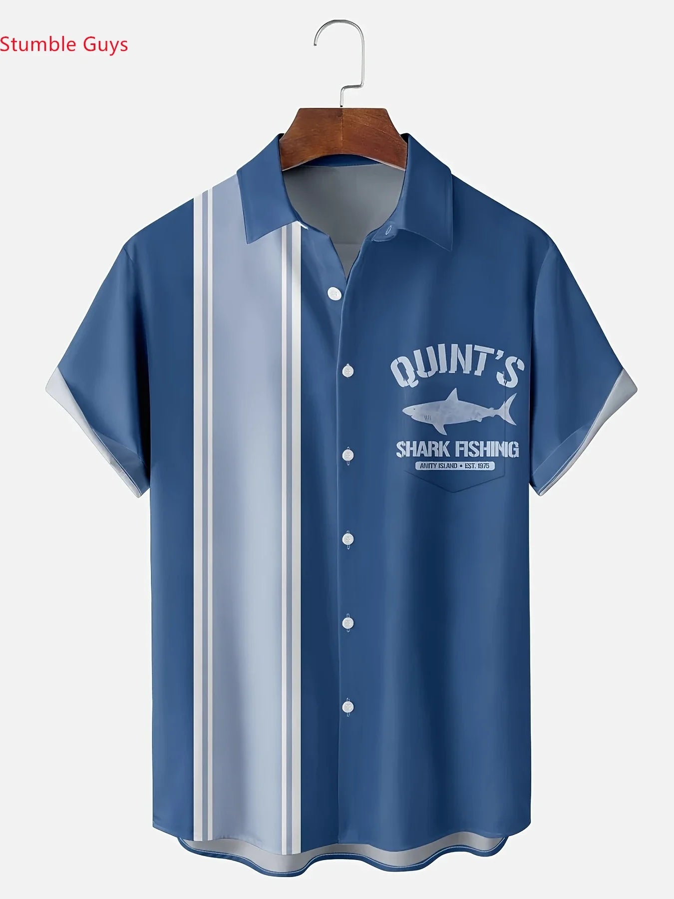 “Quints Shark Fishing Excursions” Men's Trendy High Street Hawaiian Shirt Summer Man Short Sleeve Bold Beach Print Comfortable Breathable Tops