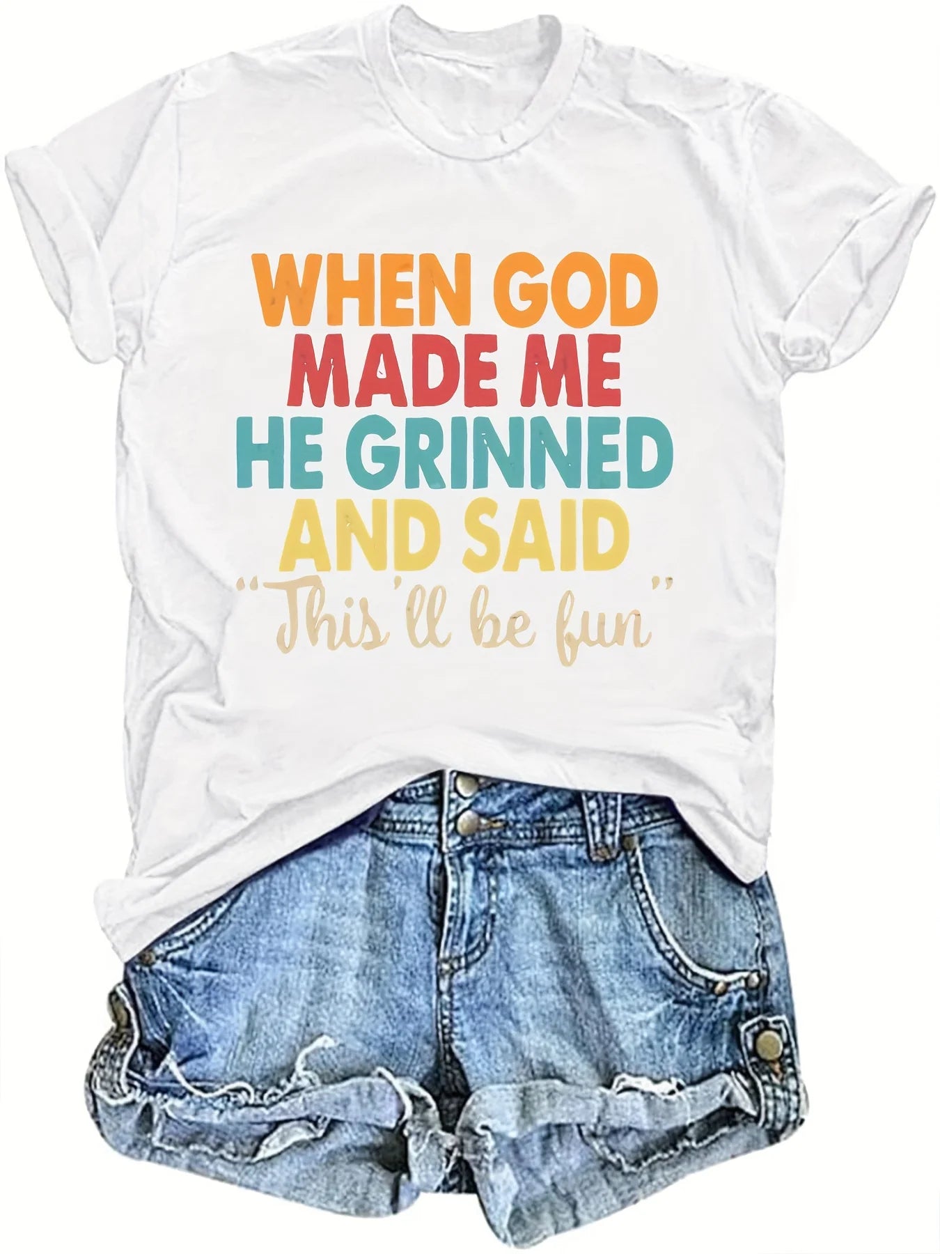 When God Made Me He Grinned Women's Tee, Funny Religious Quote Beige Top