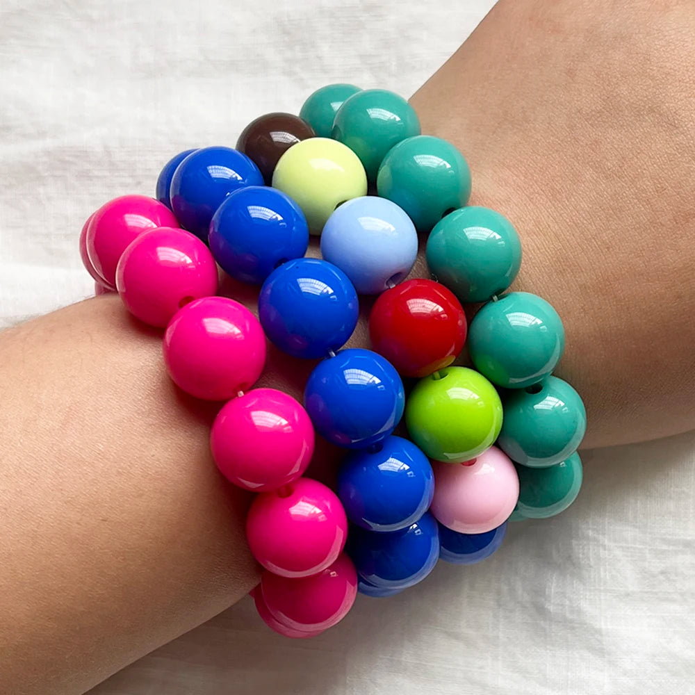 Cute Sweet Colorful Acrylic Big Bead Chunky Bracelet Fluorescent Hand Beaded Simple Stacking Bangles Jewelry Accessories