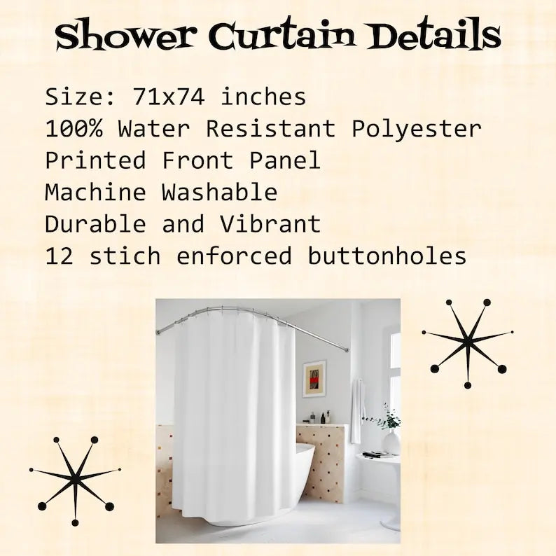 Mid Century Modern Retro Geometric Shower Curtain Vintage 50s MCM Green Pink and Cream Quirky Bath Decor Colorful Shower Curtain