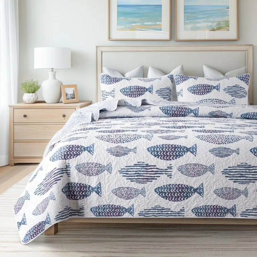 3-Piece Quilt Set - Size with 2 Shams, Blue and White Ocean-Inspired Bedding Set, Nautical Fish Design, Lake Themed Coastal Qui