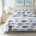 3-Piece Quilt Set - Size with 2 Shams, Blue and White Ocean-Inspired Bedding Set, Nautical Fish Design, Lake Themed Coastal Qui