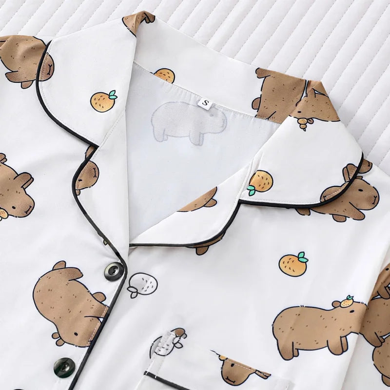 Capybara & Orange Women's Pajama Set — Short Sleeve Top & Shorts