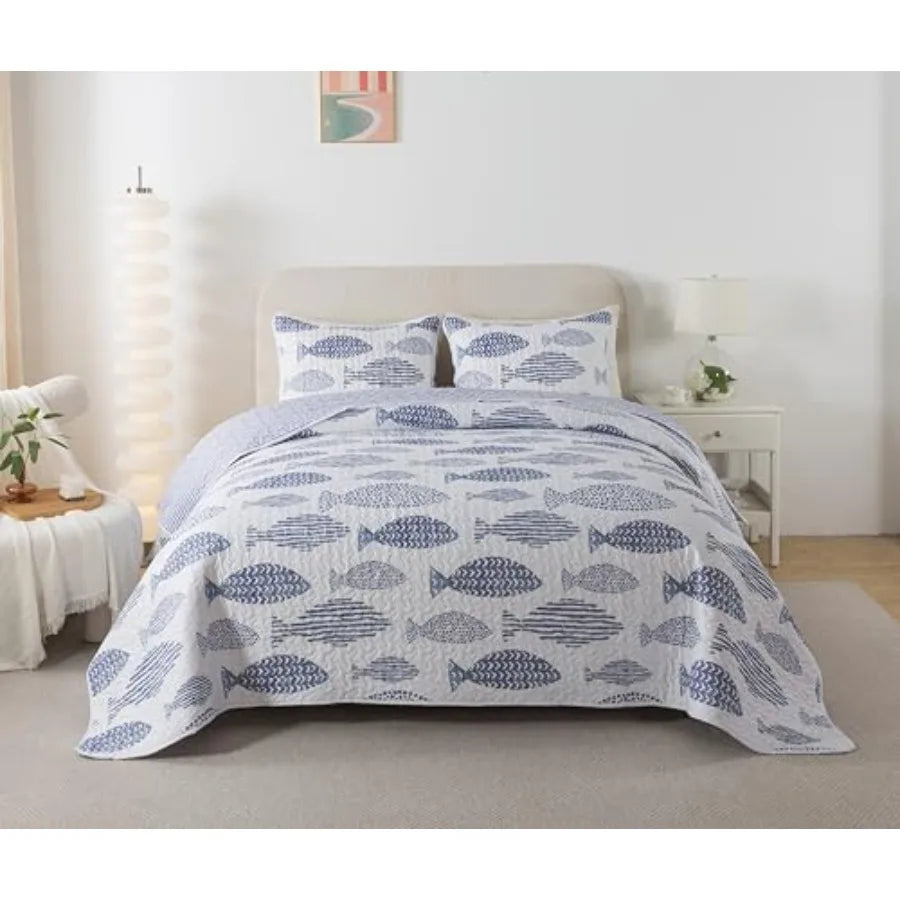 3-Piece Quilt Set - Size with 2 Shams, Blue and White Ocean-Inspired Bedding Set, Nautical Fish Design, Lake Themed Coastal Qui