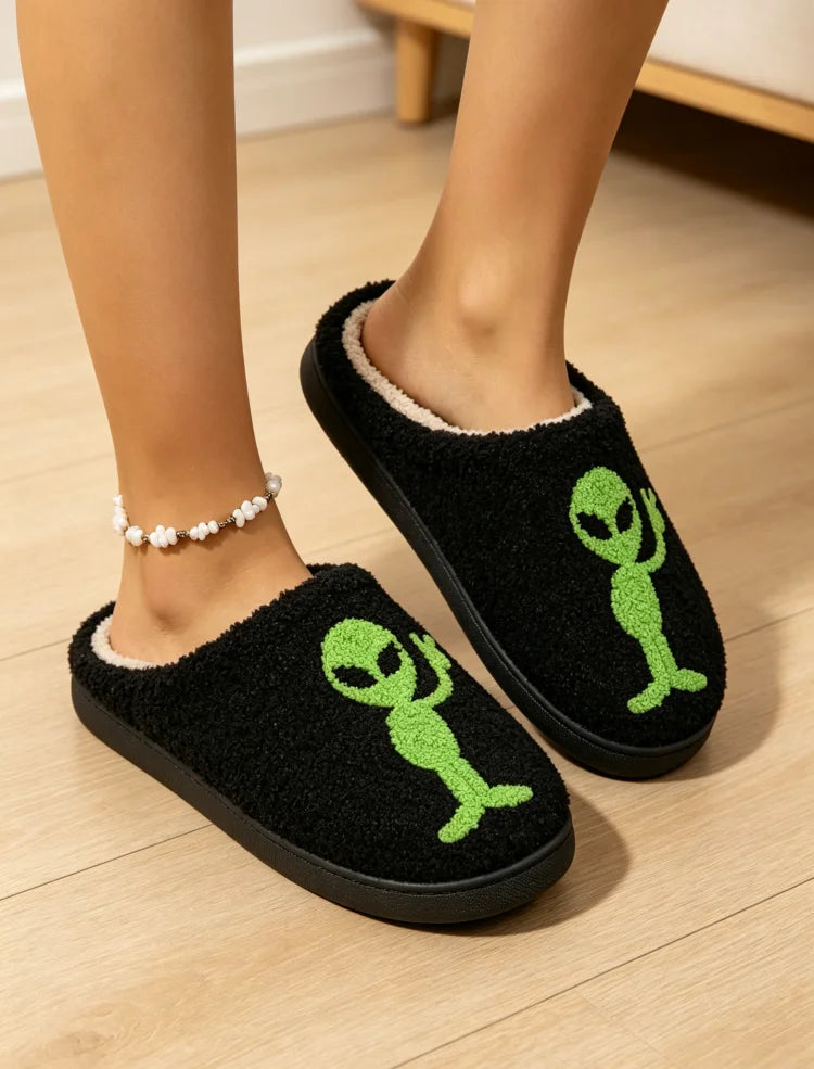 Alien Embroidered Plush Women's Slippers — Cozy Non-Slip Indoor House Shoes