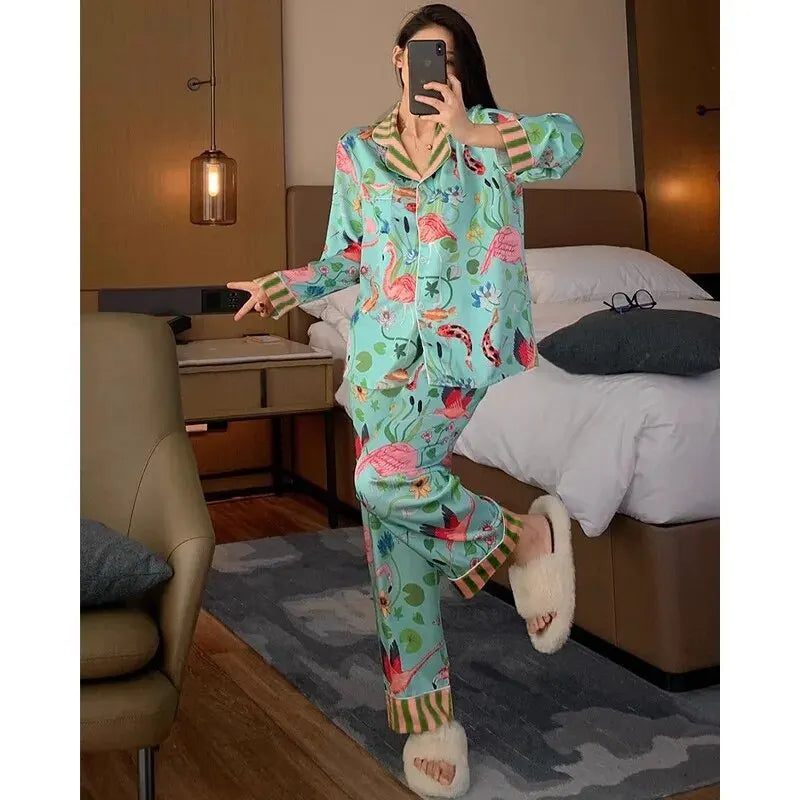 Silky Mermaid Print Long Pajama Set