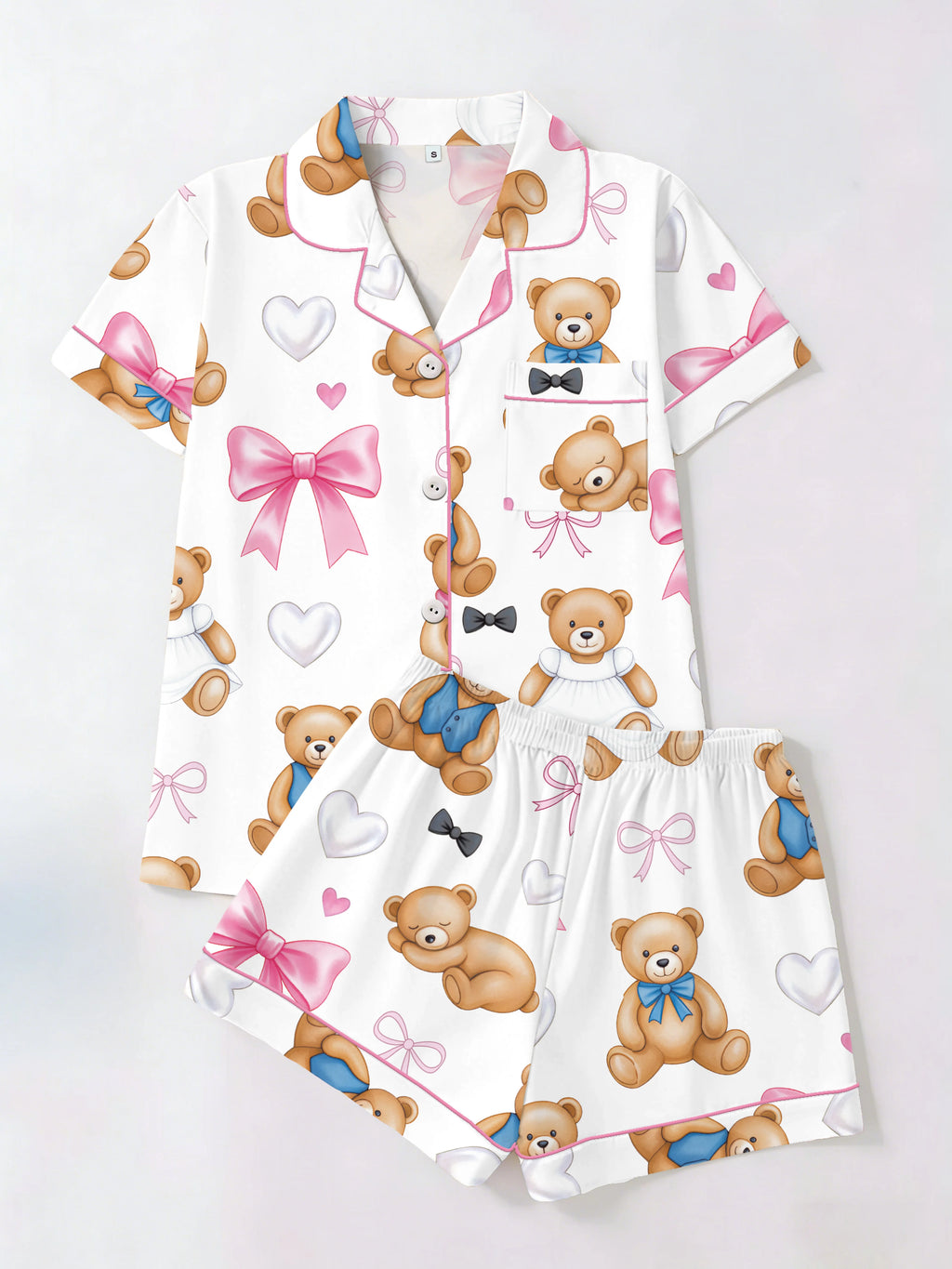 Teddy Bear & Pink Bow Women's Pajama Set — Short Sleeve Top & Shorts