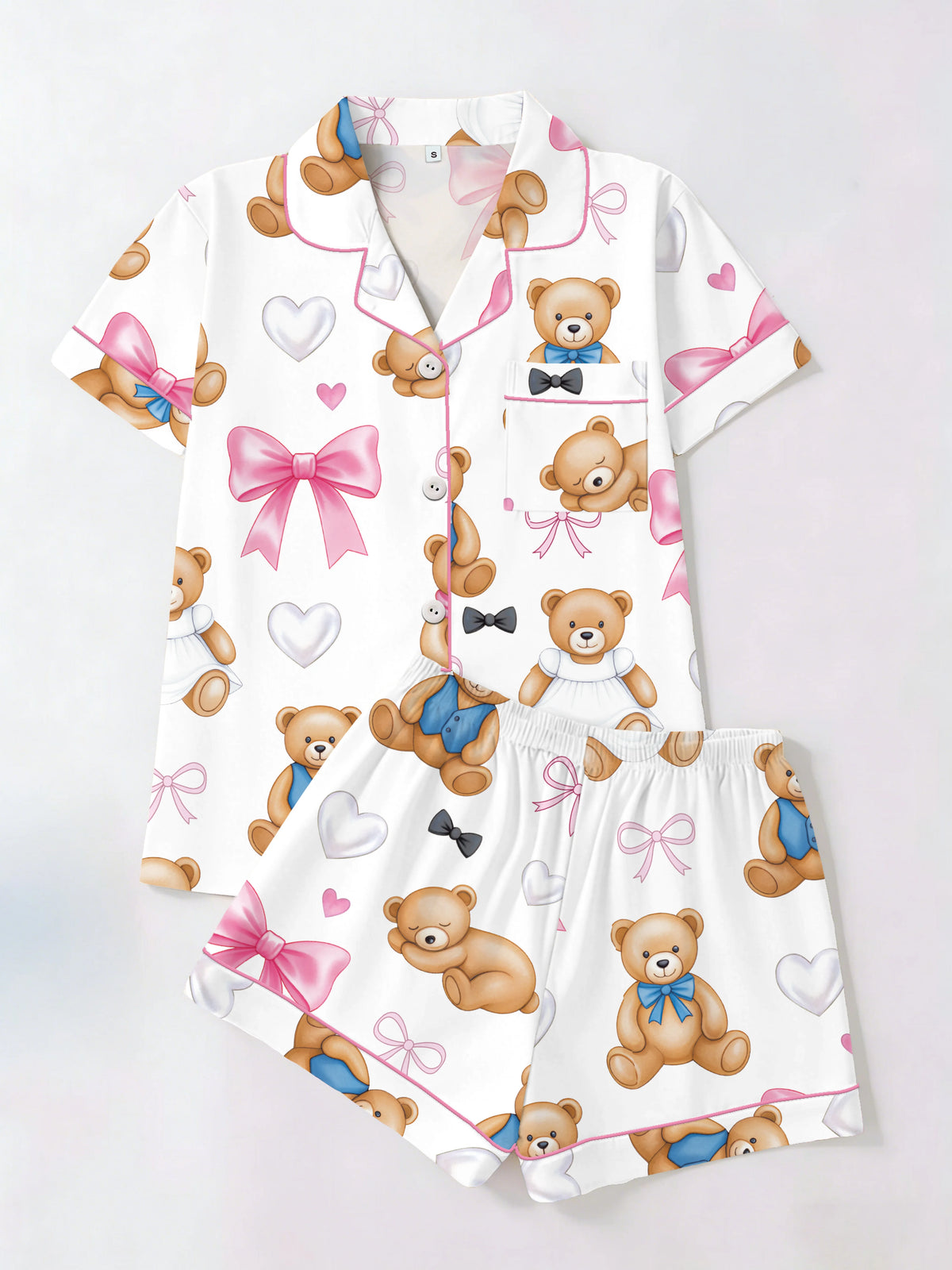 Teddy Bear & Pink Bow Women's Pajama Set — Short Sleeve Top & Shorts