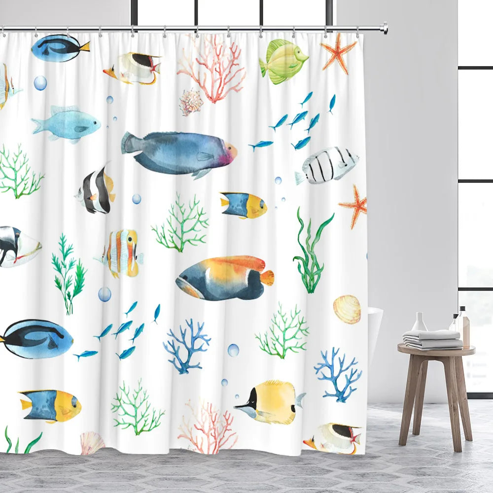 Cartoon Animals Shower Curtains Cute Ocean Fish Sea Turtle Whale Octopus Child Bathroom Curtain Decor with Hooks