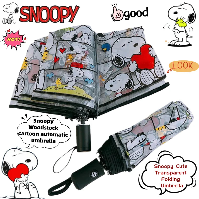 Snoopy Woodstock cartoon creative automatic umbrella two-dimensional animation peripheral transparent 3 folding umbrella gift