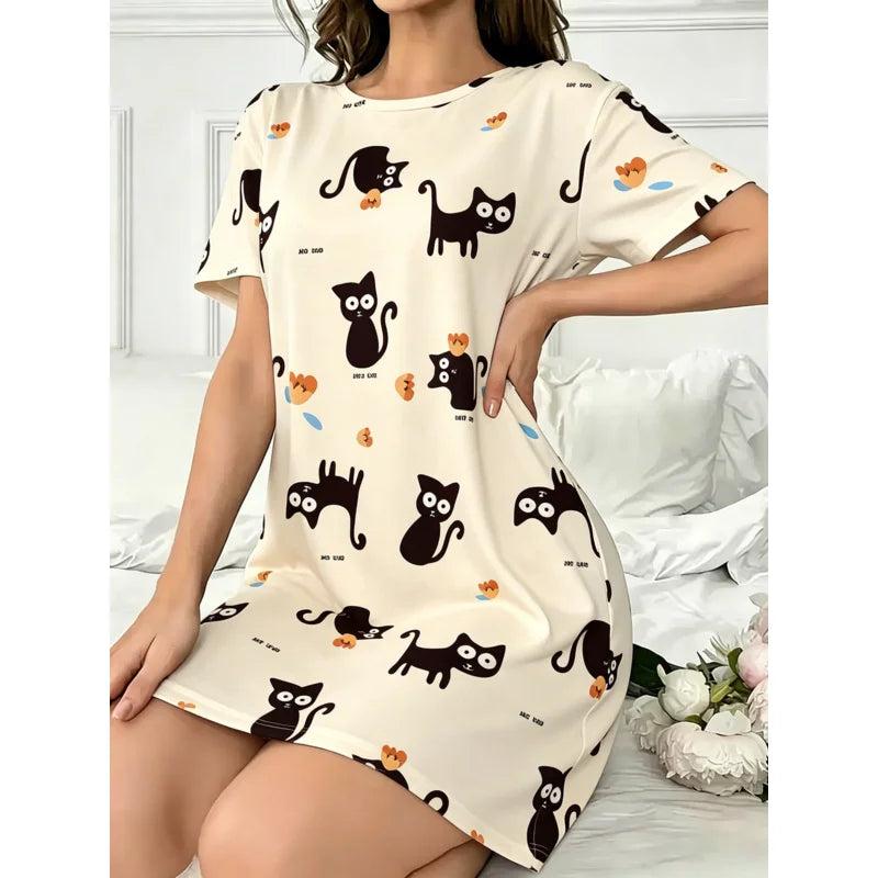 Black Cat Print Women's Nightgown — Short Sleeve Sleep Shirt Dress