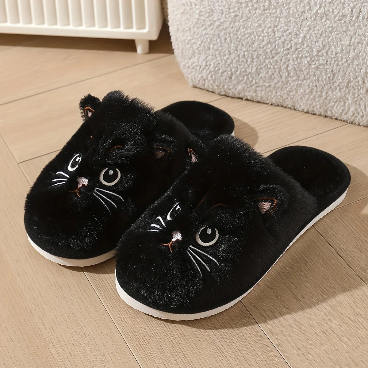 Cute Plush Cat Slippers Winter Warm Cozy Indoor House Shoes Soft EVA Sole Non-Slip Design