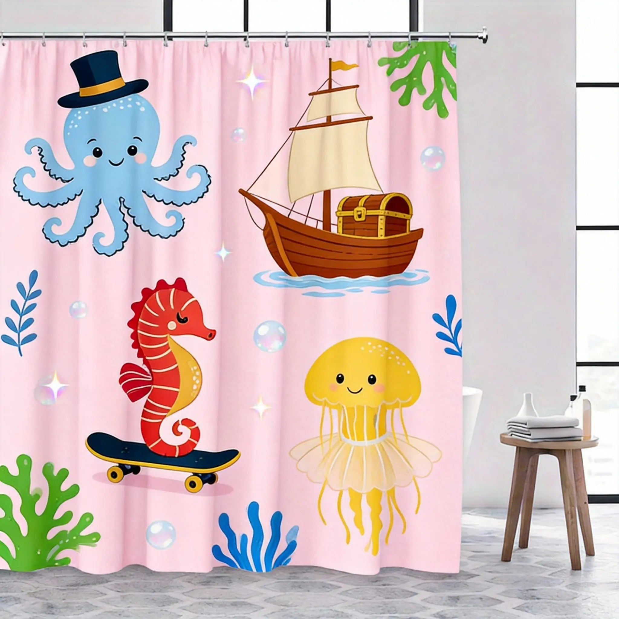 Underwater Shower Curtain 180x180cm – Playful Ocean Animals for Kids Bathroom, Whimsical Aquatic Decor, 12 Hooks