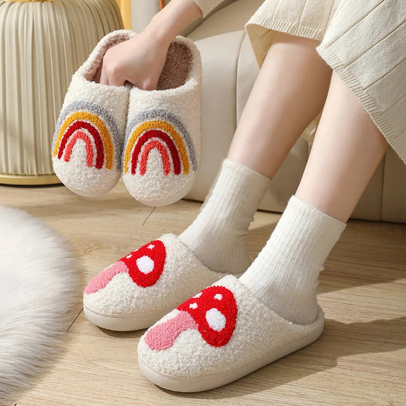 Rainbow & Mushroom Plush Women's Slippers — Cozy Furry Indoor House Shoes