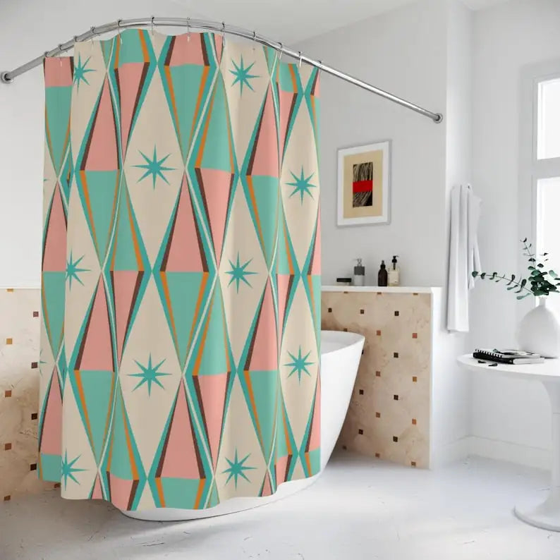 Mid Century Modern Retro Geometric Shower Curtain Vintage 50s MCM Green Pink and Cream Quirky Bath Decor Colorful Shower Curtain