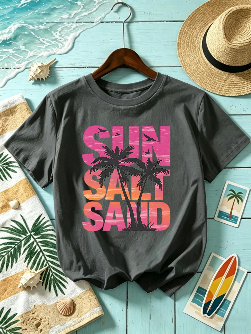 Sun Salt Sand Coconut Tree 
Prints T-Shirts Womens Cotton Summer Short Sleeve T Shirt O-Neck Oversized Tops Basic Soft Clothes