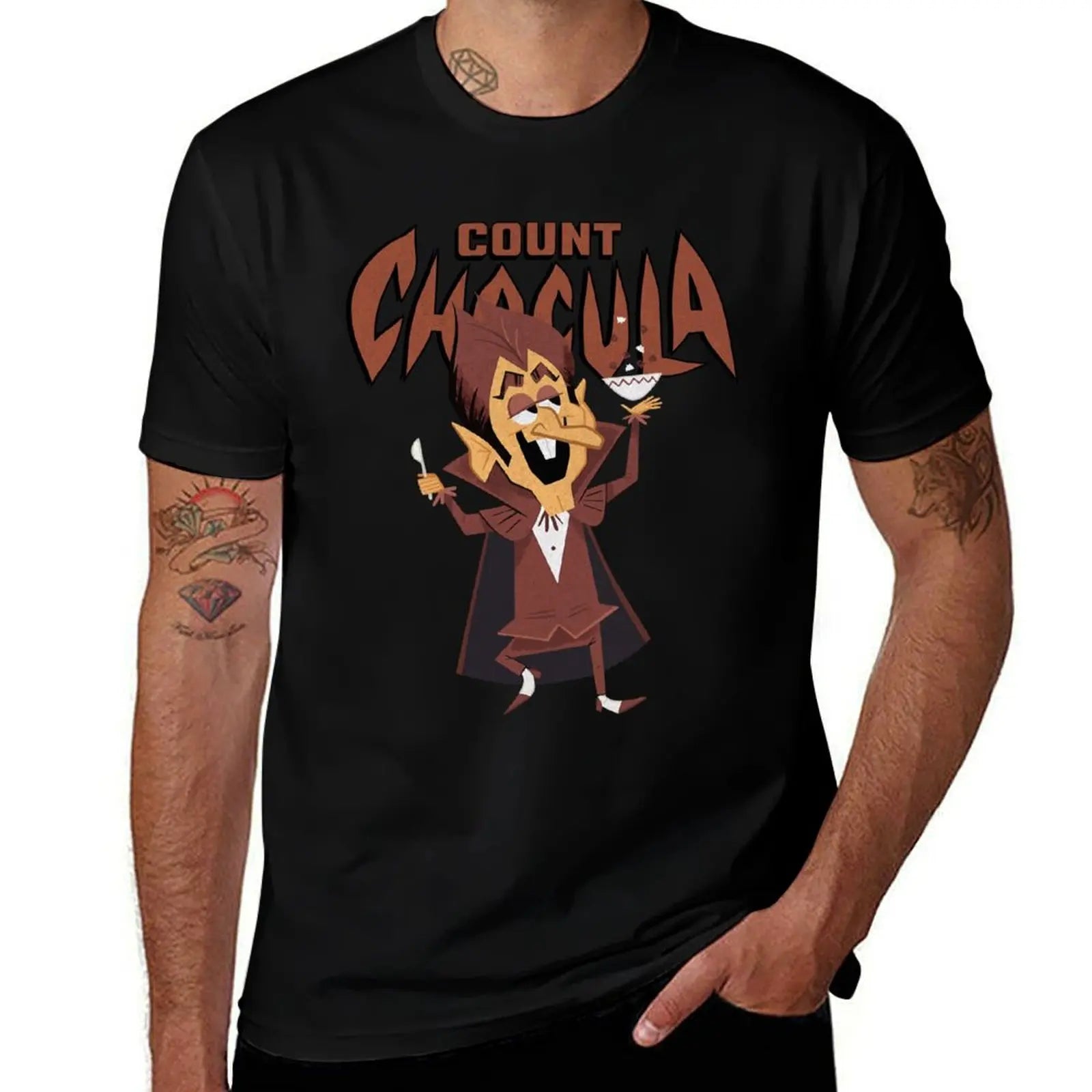 Classic 70s Count Chocula Monster Cereal Mascot and Logotype Sticker T-Shirt Classic Crew Neck Cotton T-Shirt