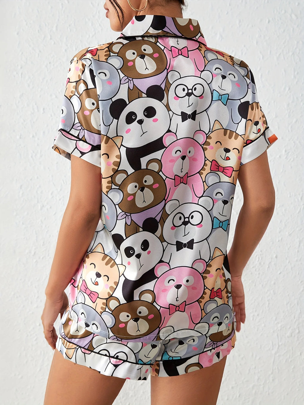 Cute Cartoon Print Satin Pajama Set